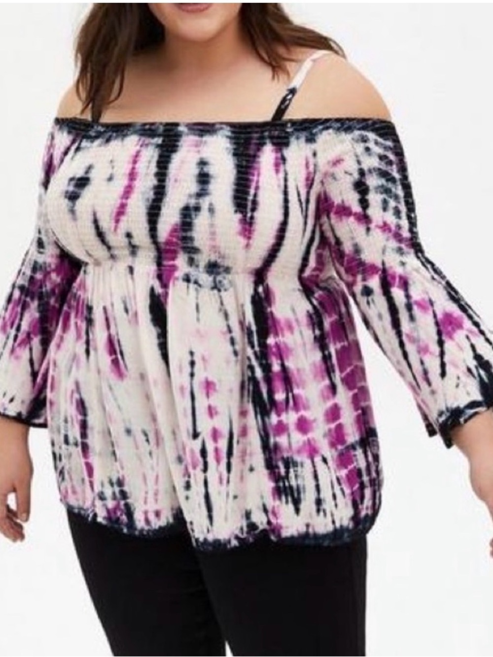 Torrid purple white black tie dye smocked off the shoulder bell sleeve blouse